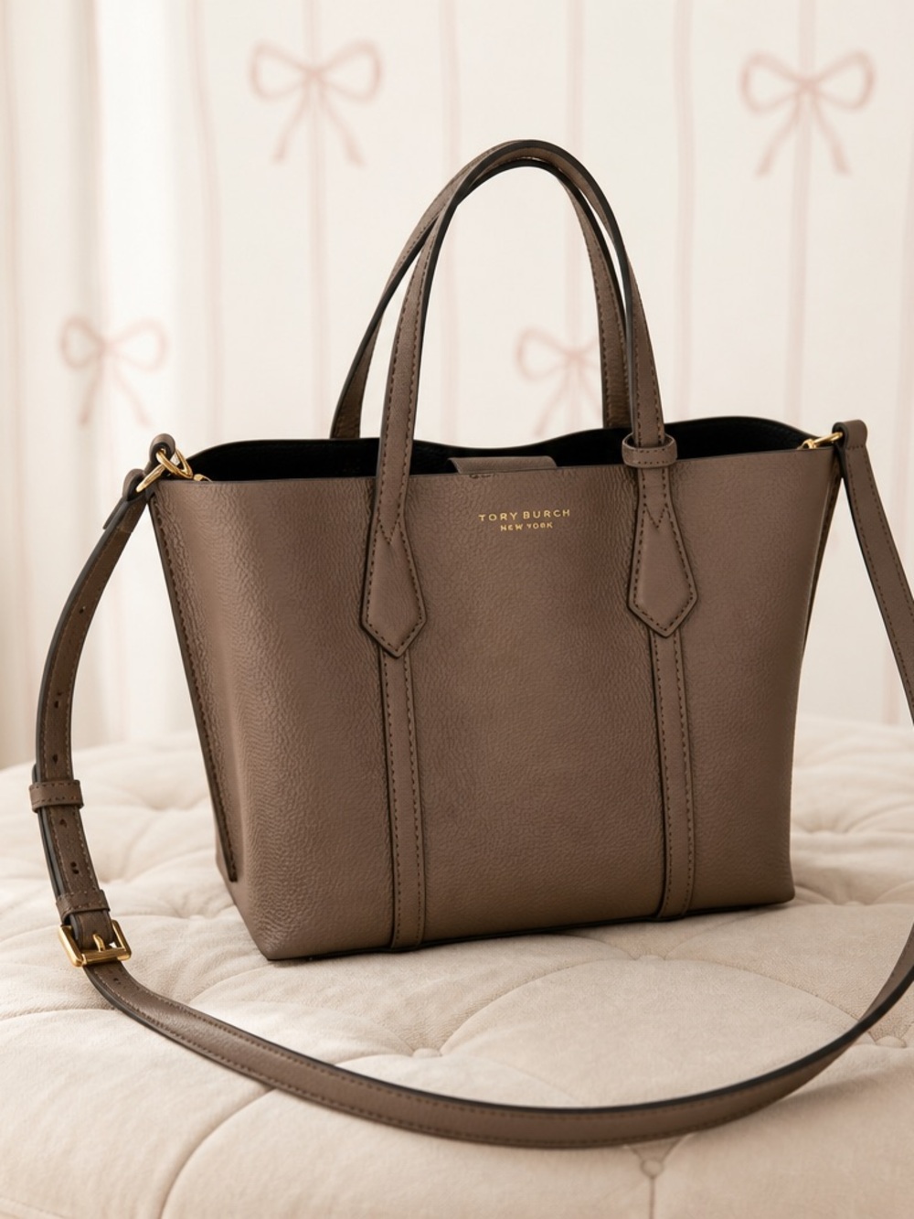 Tory Burch Taupe Pebbled Leather Shoulder Tote
